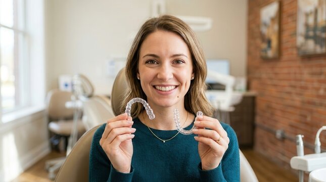 Radiant Woman Showcasing Clear Dental Aligners for Perfect Smile Alignment in a Modern Orthodontic Clinic Setting, Emphasizing Oral Health and Cosmetic Dentistry Solutions for Adults.