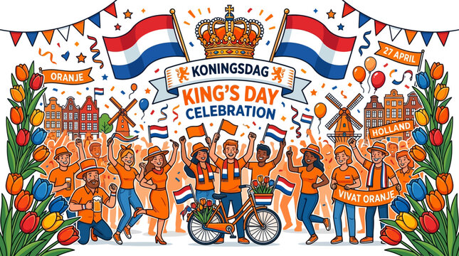King's Day Celebration in the Netherlands with people, tulips, and windmills.