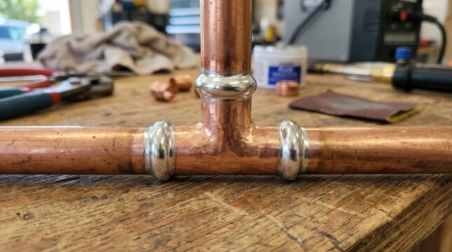 Precision Copper Pipe Soldering Joint: A Masterful Display of Industrial Craftsmanship and Metalwork Technique in a Professional Plumbing Workshop Setting