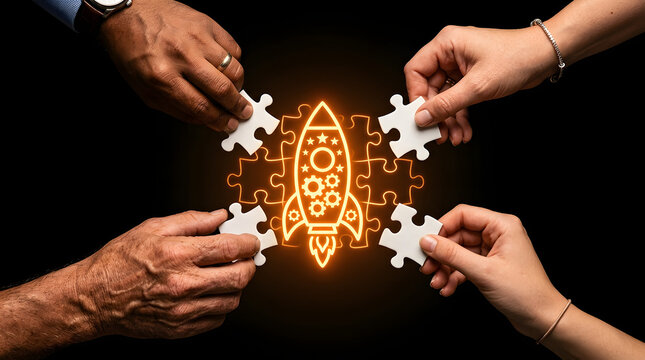 Hands working together to join jigsaw segments around a glowing rocket icon denote rapid growth and startup project development.