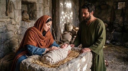 Obraz premium Woman Mary and man Joseph looking at baby Jesus in manger. Biblical nativity scene of holy family in stable at Bethlehem. Christmas religious historical depiction of birth of Christ.