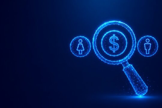 Magnifying glass over a dollar symbol between female and male icons representing equal pay. women's equality day with equality business magnifying feminism. women's equality day