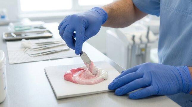 A meticulous dental professional prepares a precise impression material, blending clinical compounds for restorative oral care procedures in a sterile, modern healthcare environment.