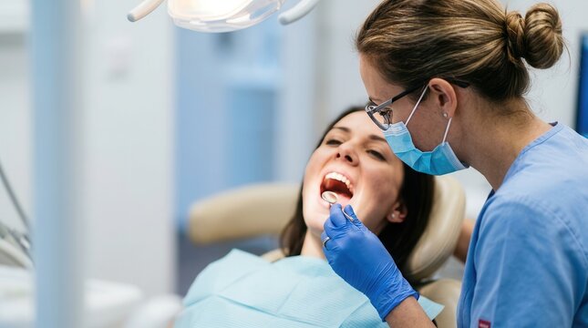Professional Dental Examination: A Female Dentist Carefully Inspecting a Patient's Oral Health in a Modern Clinical Setting to Ensure Optimal Hygiene and Wellness