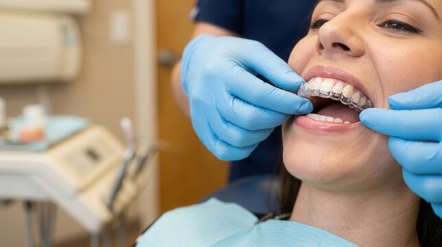 Professional Orthodontic Treatment: Dentist Fitting a Transparent Dental Aligner for a Patient to Achieve a Perfect Smile and Correct Teeth Alignment in a Modern Clinical Setting