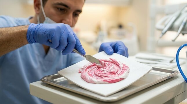 Professional Dentist Carefully Mixing Dental Impression Material for Orthodontic Treatment in a Sterile Clinical Environment