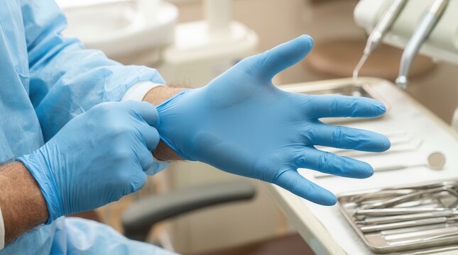 A Professional Dentist Preparing for a Clinical Procedure by Donning Sterile Blue Protective Gloves in a Modern Dental Office Setting with Specialized Medical Instruments Nearby