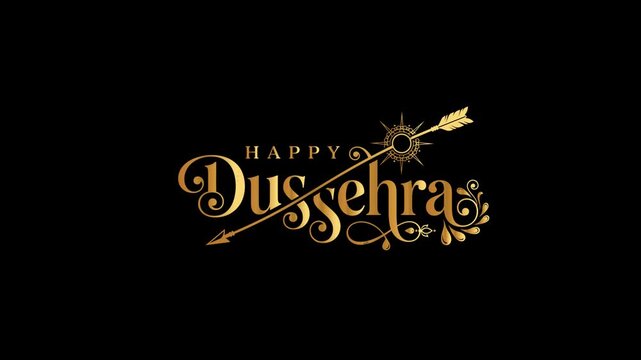 Happy Dussehra Festival Celebration with Golden Text and Arrow on Black Background.