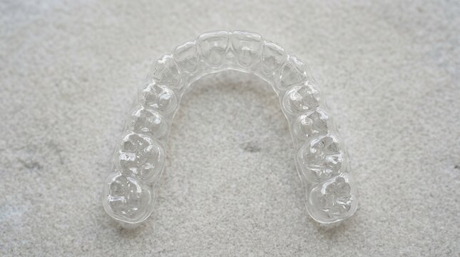 A minimalist study of a transparent dental aligner, capturing the intersection of modern orthodontic precision and aesthetic oral health technology on a neutral textured surface.