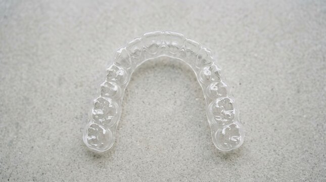 A pristine transparent dental aligner resting on a neutral stone surface, embodying the intersection of modern orthodontic precision and aesthetic oral health restoration techniques.