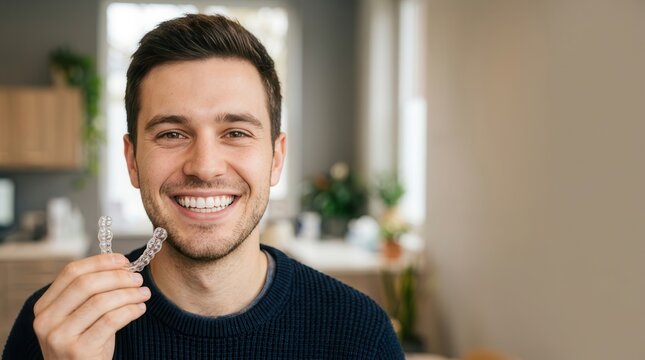 A Radiant Smile Reimagined: A Young Man Holding Transparent Dental Aligners for Orthodontic Correction and Perfect Teeth Alignment in a Bright Modern Clinical Setting
