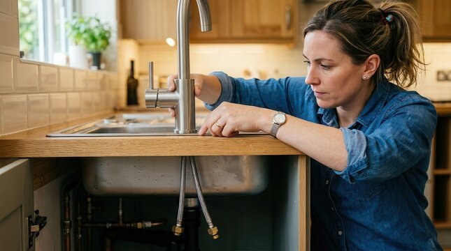 A Focused Woman Performing Kitchen Sink Plumbing Repairs and Faucet Installation Maintenance in a Modern Home Setting for DIY Home Improvement and Renovation Projects