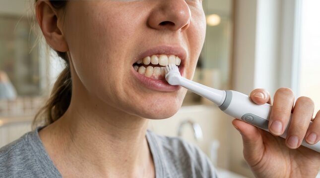 A Close-up Portrait of Daily Oral Hygiene Routine Featuring a Person Using an Electric Toothbrush for Dental Health, Gum Care, and Maintaining a Radiant, Clean Smile at Home