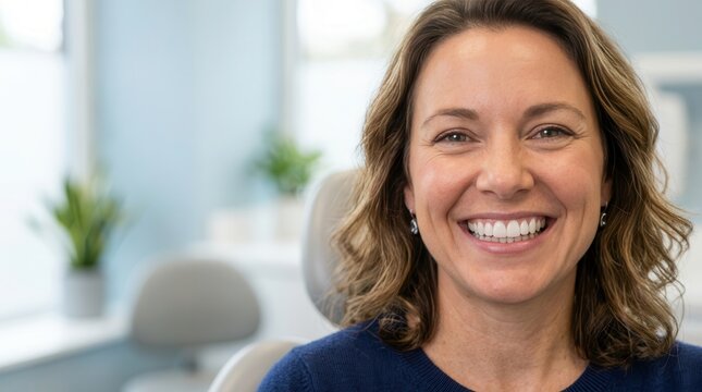 Radiant Portrait of a Happy Patient Smiling Brightly in a Professional Dental Clinic Setting, Embodying Oral Health, Confidence, and Wellness in a Modern Medical Environment.