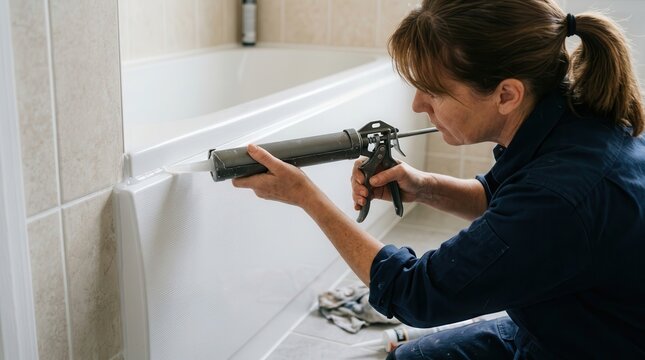 Professional Woman Applying Silicone Caulk Sealant to Bathroom Bathtub Edge for Home Renovation and Waterproofing Maintenance Task