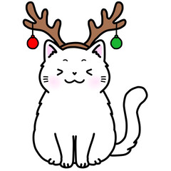 A cute happy white cat wearing christmas reindeer antlers headband with festive ornaments illustration © Amita