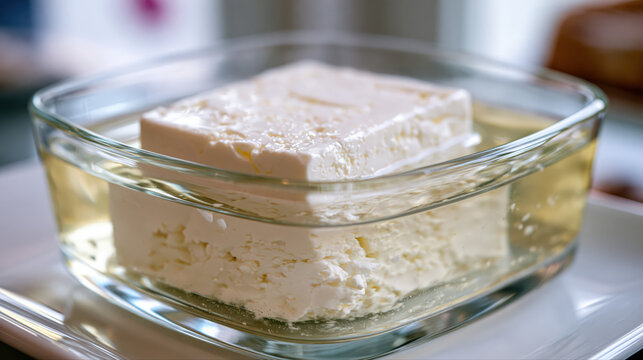Block of feta cheese submerged in olive oil inside a glass dish, with a blurred background of kitchen elements and natural light illuminating the scene