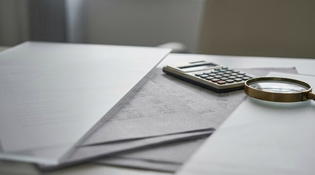 Hidden fee statement with calculator, magnifying glass, and layered documents obscuring cost details