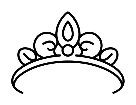 Hand-traced vector icon illustration of an elegant ornamental tiara with central teardrop gem, swirling filigree details and a curved headband silhouette, simple line art on white background.