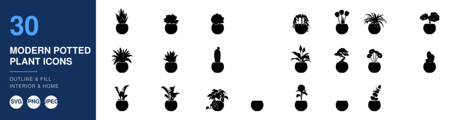 Obraz premium Potted Plants Icons Set with Modern Design, Various Shapes and Sizes, Isolated on White Background. Decorative Plant Illustrations for Website or