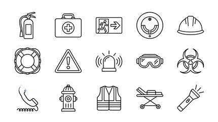 Set of black and white line icons representing various emergency safety and industrial hazard protection equipment © IconNexa