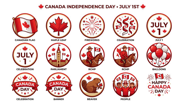 Canada Independence Day July 1st icons with Canadian symbols