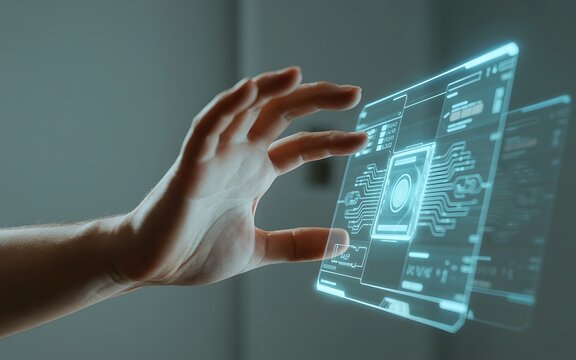 A person's hand holds a transparent futuristic digital interface displaying a glowing blue circuit board pattern and data visualizations against a muted background suggesting technological