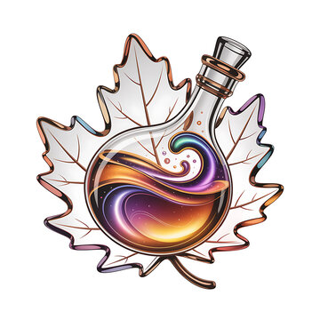 Fantasy magic potion bottle with swirling liquid, mystical glass flask on maple leaf background, iridescent alchemy elixir for gaming and fantasy art