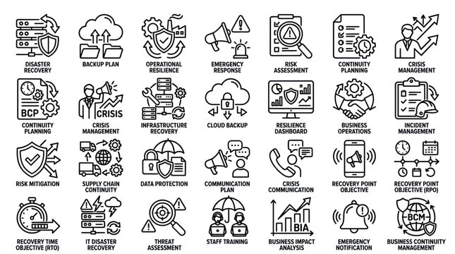 Business continuity and disaster recovery line icon set.