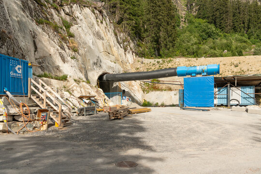 07 July 2026, Handeck, Switzerland. Tunnel portal and construction site for the pressure shaft rehabilitation project at Kraftwerk Handeck hydroelectric power plant