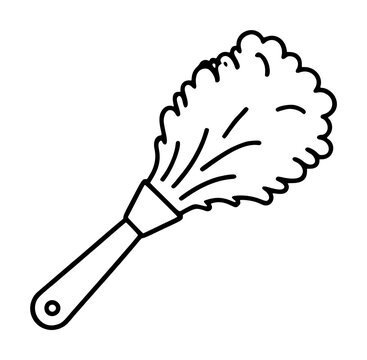 Hand-traced vector icon illustration of a classic fluffy duster brush with a wooden handle and hanging hole, black outline style for cleaning and housekeeping design projects