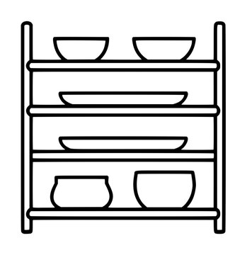 Hand-traced vector line illustration icon of a wooden kitchen drying rack storage shelf holding bowls, plates, and ceramic pots in a minimalist black outline style on white background