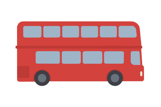 Red double-decker bus in profile view hand-drawn vector illustration with gray wheels windows and classic urban transit design flat color icon