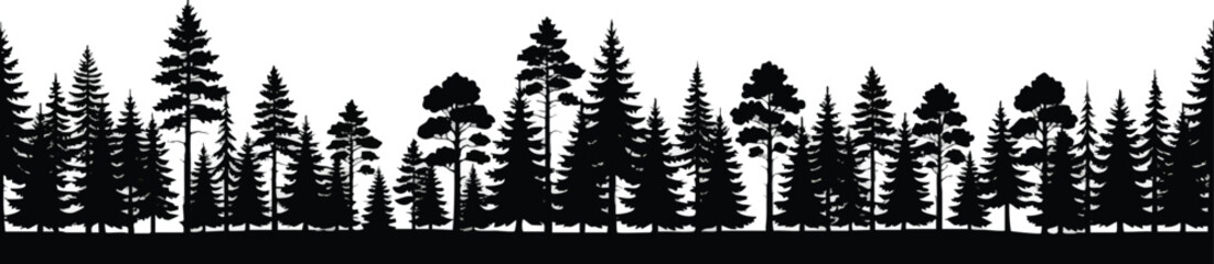 Fototapeta premium Minimalist forest tree line border illustration. Silhouette evergreen pine spruce vector artwork for design projects.