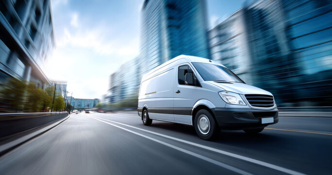 White delivery van driving fast on urban street with modern glass buildings and motion blur effect