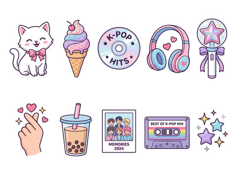 K-pop sticker set elements, flat vector cartoon clipart, korean pop culture icons, kitten, music