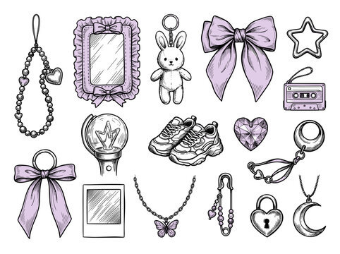 K-pop idol fan accessory collection, korean fashion charms, hand drawn black ink sketch, isolated set