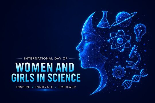 International day of women and girls in science conceptual illustration featuring a futuristic glowing digital head profile with scientific symbols. women's equality day