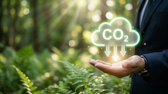 Global climate action concept with carbon dioxide reduction cloud over human hand and vibrant green natural background with copy space