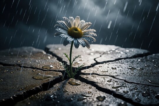 White daisy flower grows from crack in dry stone under heavy rain. Single bloom survives in storm with wet petals, water drops. Green plant reaches for light despite dark gloomy weather conditions.