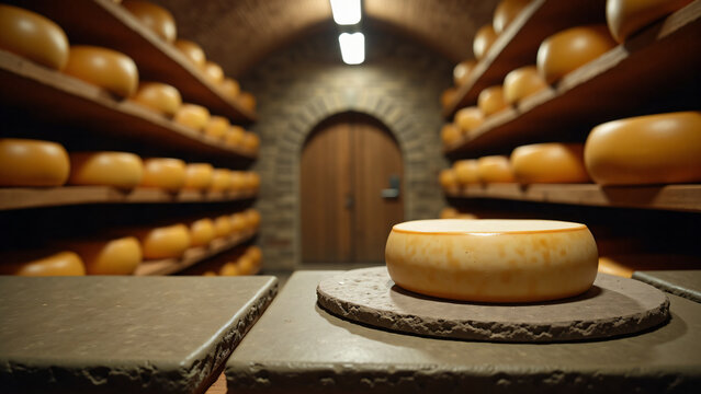 Cheese Wheel in Stone Cellar for Food Packaging