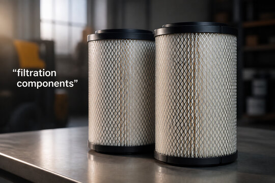 Two cylindrical air filters are displayed on a metallic surface indoors.