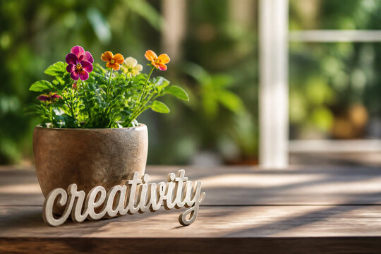 A potted plant with colorful flowers sits on a wooden table in an outdoor setting, featuring the word "creativity."