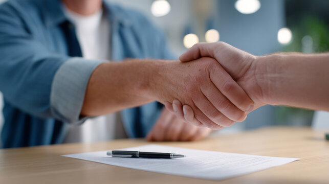 Close-up of two people shaking hands over a signed contract on a wooden table in a modern setting