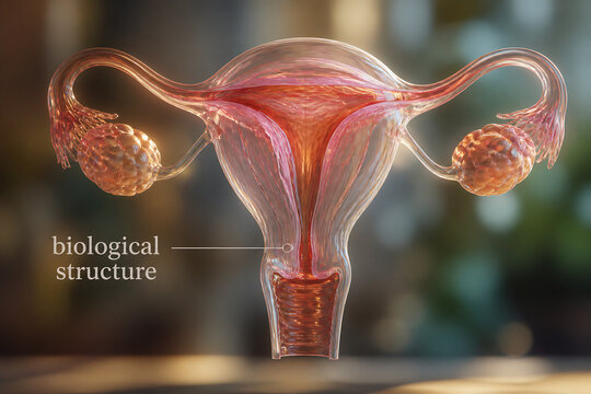 A transparent illustration of the human female reproductive system against a blurred background.