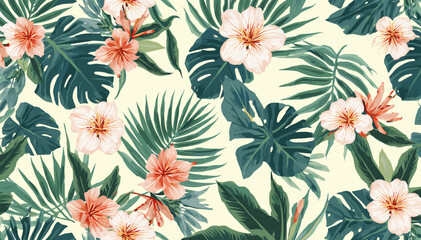 A vibrant tropical floral pattern featuring lush green monstera leaves and delicate pink and orange hibiscus flowers on a pale yellow background. © ktb
