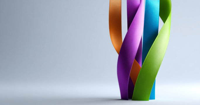 Close-up of colorful intertwined ribbons standing vertically on a smooth surface with a soft gradient background
