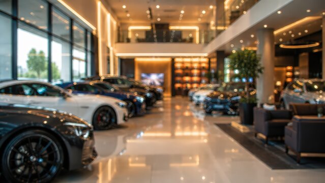 cinematic wide shot of a luxury car showroom interior featuring rows of modern sports cars and polished architecture.