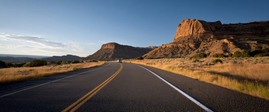 Scenic desert highway winding through rocky mesas and dry grasslands under a clear blue sky during golden hour