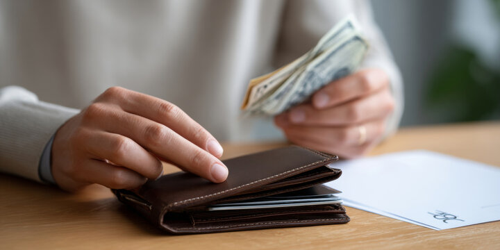 Close-up of person holding cash and opening a brown leather wallet on wooden table with blurred background